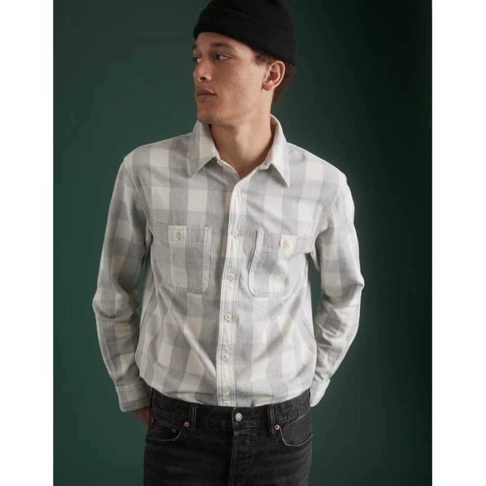 AE77 Premium Flannel Shirt Mens L Grey White Plaid Button Heavyweight Cotton New